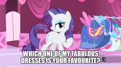 Size: 888x499 | Tagged: safe, derpibooru import, edit, screencap, rarity, green isn't your color, caption, clothes, dress, image, image macro, imgflip, impact font, jpeg, question, text, that pony sure does love dresses