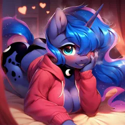 Size: 4096x4096 | Tagged: suggestive, ai content, derpibooru import, machine learning generated, stable diffusion, princess luna, anthro, bedroom eyes, big breasts, blushing, breasts, cleavage, clothes, cute, detailed, ethereal mane, generator:purplesmart.ai, hand on face, heart, hoodie, image, jpeg, large butt, looking at you, lying down, prompter:anonynmi