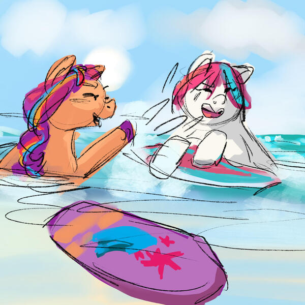 Size: 1280x1280 | Tagged: safe, artist:flurryheart04, derpibooru import, sunny starscout, zipp storm, earth pony, pegasus, pony, g5, duo, female, image, jpeg, laughing, mare, ocean, splashing, surfboard, water