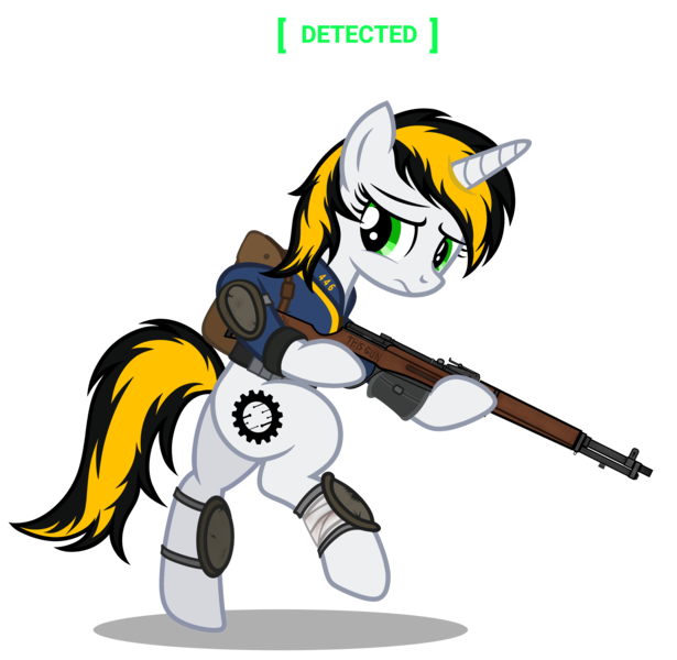 Size: 4493x4380 | Tagged: safe, artist:equestria secret guard, derpibooru import, oc, oc:446, pony, unicorn, fallout equestria, ammunition, armor, bandage, bipedal, bullet, clothes, design, gun, horn, image, jumpsuit, looking around, pipbuck, png, rifle, standing on two hooves, unicorn oc, vault suit, walking, weapon, worried