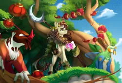 Size: 2700x1850 | Tagged: safe, artist:ryusya, derpibooru import, bugbear, kirin, pony, epic, forest, forest background, image, nature, png, tree