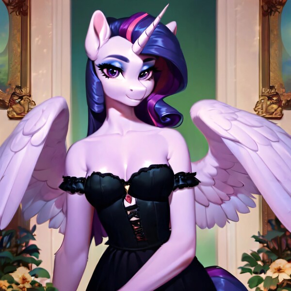 Size: 3072x3072 | Tagged: suggestive, ai content, derpibooru import, machine learning generated, stable diffusion, rarity, twilight sparkle, alicorn, anthro, adorasexy, beautiful, cute, flower, fusion, image, jpeg, looking at you, prompter:frw, sexy, smiling, solo, spread wings, wings