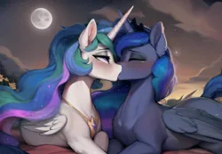 Size: 1296x896 | Tagged: suggestive, ai content, derpibooru import, machine learning generated, prompter:tial, stable diffusion, princess celestia, princess luna, alicorn, pony, anatomically correct, bedroom eyes, blushing, crying, drool, duo, eyes closed, female, french kiss, g4, horn, horns are touching, image, incest, kissing, lesbian, lidded eyes, mare, messy, missing cutie mark, moon, night, nudity, png, royal sisters, ship:princest, shipping, siblings, sisters, tail, vulva
