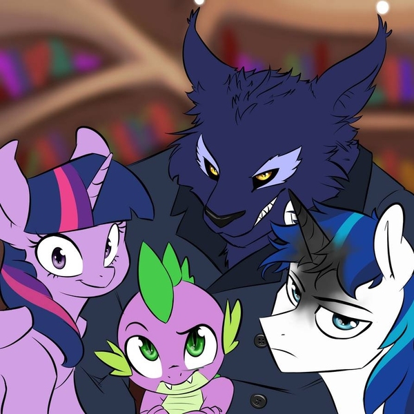 Size: 894x894 | Tagged: safe, artist:marking, derpibooru import, shining armor, spike, twilight sparkle, oc, alicorn, dragon, original species, pony, unicorn, fanfic, fanfic:twilight gets a puppy, dark magic, fanfic art, fanfic cover, image, jpeg, library, looking at you, magic