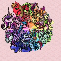 Size: 2048x2048 | Tagged: safe, artist:shakoba, derpibooru import, apple bloom, applejack, applejack (g3), big macintosh, firefly, fluttershy, izzy moonbow, lyra heartstrings, minty, pinkie pie, posey (g5), princess cadance, princess luna, rainbow dash, scootaloo, shining armor, sunny starscout, twilight sparkle, twilight sparkle (alicorn), alicorn, earth pony, pegasus, unicorn, g1, g3, g5, art challenge, colored, g4, image, instagram, jazz hooves, minty (g5), misty brightdawn, opaline arcana, png, tumblr