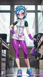 Size: 808x1440 | Tagged: safe, ai content, derpibooru import, generator:djpon3, machine learning generated, stable diffusion, vinyl scratch, human, equestria girls, :3, arm warmers, blue hair, clothes, female, generator:sdxlyamersanimeultrav2yamime, gloves, headphones, image, jpeg, leggings, multicolored hair, pants, prompt in description, prompter:marusame, purple eyes, shirt, shoes, solo, standing, sunglasses, window, yoga pants