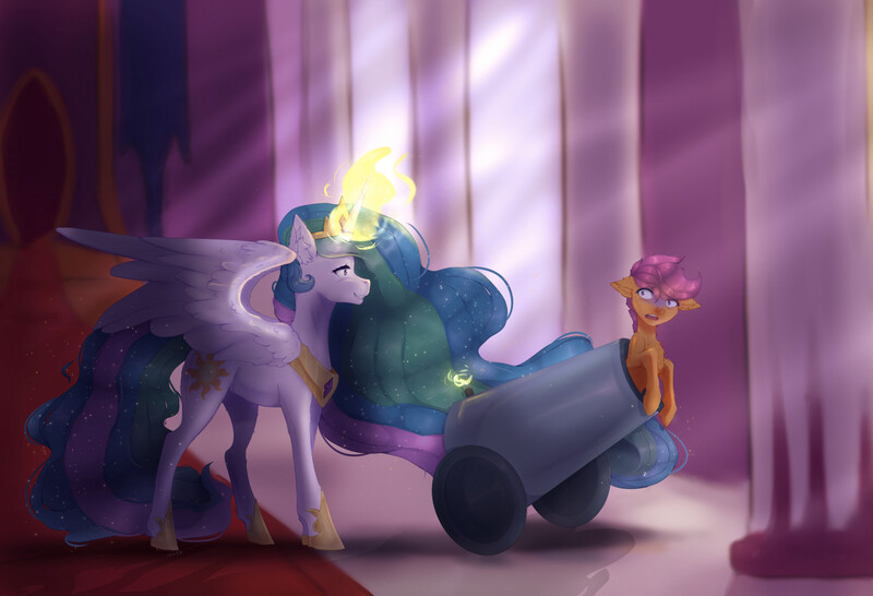 Size: 1280x873 | Tagged: safe, artist:natkizzki, derpibooru import, princess celestia, scootaloo, alicorn, pegasus, pony, cannon, duo, fanfic art, fuse, image, jewelry, jpeg, magic, magic aura, pony cannonball, regalia, story in the source, story included, this will end in a trip to the moon, throne room, to the moon, trollestia