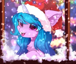 Size: 3594x3014 | Tagged: safe, artist:airiniblock, derpibooru import, izzy moonbow, pony, unicorn, g5, big ears, chest fluff, christmas, christmas lights, colored eyebrows, cute, ear fluff, eye clipping through hair, eyebrows, eyebrows visible through hair, female, hat, high res, holiday, image, mare, open mouth, open smile, png, rcf community, santa hat, smiling, snow, snowfall, solo, teeth, window, winter