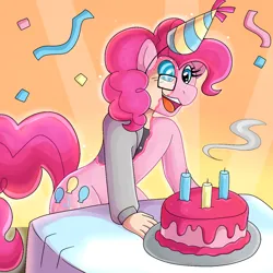 Size: 1200x1200 | Tagged: safe, artist:icefire, pinkie pie, oc, human, semi-anthro, cake, female, food, glasses, gradient background, human to pony, image, male, mind control, png, solo, table, transformation, transgender transformation