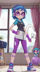 Size: 808x1440 | Tagged: safe, ai content, derpibooru import, generator:djpon3, machine learning generated, stable diffusion, vinyl scratch, human, equestria girls, :3, arm warmers, blue hair, chibi, clothes, curtains, doll, dress, female, generator:matrixhentaitoonv13betavae, gloves, headphones, image, indoors, jacket, jpeg, leggings, minidress, multicolored hair, pants, prompt in description, prompter:marusame, purple eyes, shoes, solo, standing, sunglasses, toy, window, yoga pants