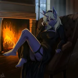Size: 1280x1280 | Tagged: safe, artist:p i k i n a s 13, derpibooru import, oc, oc:frosty dream, unofficial characters only, anthro, plantigrade anthro, unicorn, anthro oc, armchair, breasts, chair, clothes, dress, feet, fetish, fire, fireplace, foot fetish, horn, image, jpeg, panties, panty shot, solo, unicorn oc, vine, window