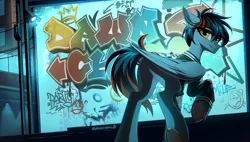 Size: 5000x2840 | Tagged: safe, artist:chamommile, derpibooru import, oc, oc:dawn chaser, unofficial characters only, original species, pegasus, pony, blue skin, brown eyes, clothes, colored hooves, commission, ear fluff, full body, graffiti, image, jacket, looking at you, male, pegasus oc, png, solo, stallion oc, tail, two toned mane, two toned tail, uniform, unshorn fetlocks, wings, ych result