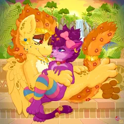 Size: 4600x4600 | Tagged: safe, artist:wispy tuft, derpibooru import, oc, unofficial characters only, cat, sphinx, :3, barely pony related, bell, bow, clothes, collar, cuddling, desert, flower, furry, gold, image, jewelry, love, oasis, palm tree, paws, png, quadrupedal, relaxing, socks, spots, sunset, tree, water, waterfall, wholesome