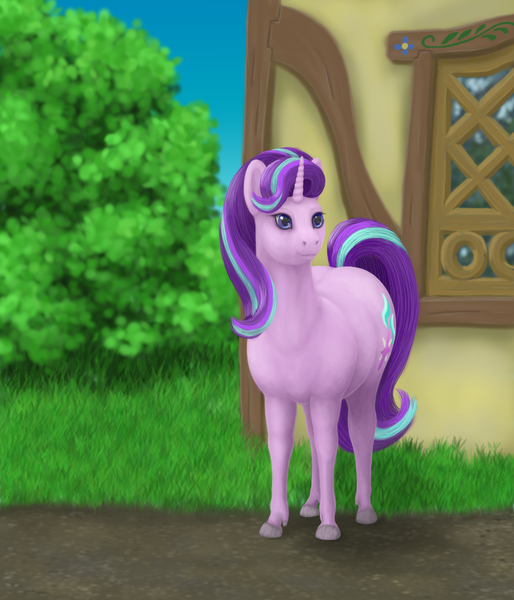 Size: 1286x1500 | Tagged: source needed, safe, artist:soobel, derpibooru import, starlight glimmer, pony, unicorn, bush, female, grass, house, image, mare, png, ponyville, street, summer, window