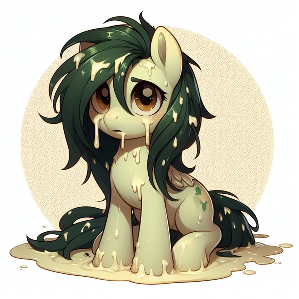 Size: 1024x1024 | Tagged: safe, ai content, derpibooru import, machine learning generated, oc, oc:myrtle remedy, batter, distressed, food, generator:dall-e 3, image, messy, png, solo