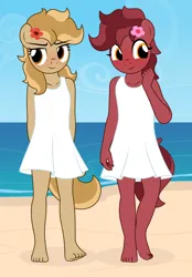 Size: 2268x3263 | Tagged: safe, artist:tolpain, ponerpics import, ponybooru import, oc, oc:peanut toffy, oc:raspberry toffy, anthro, pony, barefoot, beach, belly button, blushing, clothes, cute, dress, feet, female, filly, foal, fraternal twins, image, outdoors, png, siblings, sundress, twins
