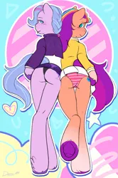 Size: 2919x4399 | Tagged: suggestive, artist:daisy_marshmallow, derpibooru import, queen haven, sunny starscout, anthro, pony, g5, blushing, clothes, colorful, female, hoof hands, image, jacket, lesbian, looking at you, looking back, looking back at you, no pupils, panties, png, shipping, skirt, sunnyhaven, thong, tongue out, underwear, upskirt, wingless, wingless anthro