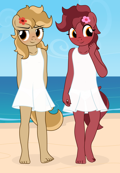 Size: 2268x3263 | Tagged: questionable, artist:tolpain, banned from derpibooru, ponerpics import, ponybooru import, oc, oc:peanut toffy, oc:raspberry toffy, unofficial characters only, anthro, earth pony, plantigrade anthro, pony, anthro oc, barefoot, beach, belly button, blushing, clothes, cute, dress, duo, duo female, feet, female, females only, filly, flower, flower in hair, foal, fraternal twins, image, lolicon, nipples, nudity, outdoors, panties, png, see-through, siblings, sisters, sundress, twin sisters, twins, underage, underwear, white dress