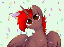 Size: 3480x2549 | Tagged: safe, artist:mariashek, derpibooru import, oc, oc:hardy, alicorn, pony, birthday, confetti, front view, happy birthday, hat, high res, image, male, o.o, party hat, png, question mark, solo, spread wings, stallion, wings