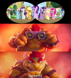 Size: 818x900 | Tagged: safe, artist:darkmoonanimation, artist:user15432, derpibooru import, edit, edited screencap, screencap, applejack, blues, cherry berry, daisy, doctor whooves, flower wishes, fluttershy, noteworthy, pinkie pie, rainbow dash, rarity, starlight glimmer, time turner, twilight sparkle, twilight sparkle (alicorn), alicorn, earth pony, pegasus, pony, unicorn, the cutie re-mark, background pony, binoculars, bowser, crossover, female, friends are always there for you, growling, image, male, mane seven, mane six, png, ponyville, spying, super mario bros., the super mario bros. movie