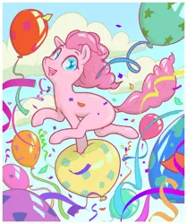 Size: 3421x4094 | Tagged: safe, artist:stratodraw, derpibooru import, pinkie pie, earth pony, pony, balloon, confetti, dock, image, open mouth, open smile, png, smiling, solo, tail