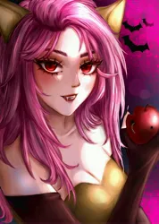 Size: 3527x4961 | Tagged: safe, artist:garra7fog, derpibooru import, fluttershy, bat, bat pony, human, undead, vampire, worm, alternate hairstyle, apple, bat ponified, blushing, breasts, clothes, corset, eared humanization, evening gloves, fangs, female, fingerless elbow gloves, fingerless gloves, flutterbat, food, gloves, humanized, image, jpeg, lipstick, long gloves, looking at you, makeup, nail polish, race swap, solo