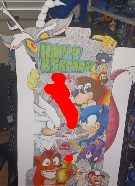 Size: 1487x2048 | Tagged: safe, derpibooru import, discord, bird, cat, human, banjo kazooie, birthday, boomstick, crash bandicoot, crash bandicoot (series), happy birthday, image, irl, jpeg, miles "tails" prower, photo, present, prize, scientist, silver the hedgehog, sonic the hedgehog, sonic the hedgehog (series), wiz