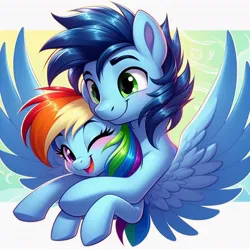 Size: 1024x1024 | Tagged: safe, ai content, derpibooru import, machine learning generated, prompter:*rainbow dash*, rainbow dash, soarin', blushing, female, generator:bing image creator, happy, hug, image, jpeg, male, shipping, smiling, soarindash, spread wings, straight, wings