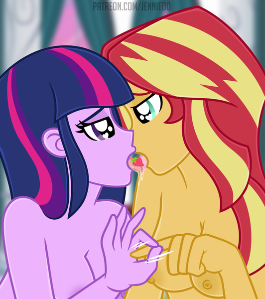 Size: 887x1000 | Tagged: questionable, alternate version, artist:jennieoo, derpibooru import, part of a set, sunset shimmer, twilight sparkle, equestria girls, advertisement, breasts, drool, drool string, female, food, french kiss, gumroad, heart, heart eyes, image, kissing, lesbian, nipples, nudity, open mouth, patreon, patreon preview, png, sexy, show accurate, show accurate porn, strawberry, tongue out, tongue play, vector, wingding eyes