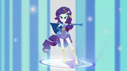 Size: 1920x1080 | Tagged: safe, derpibooru import, screencap, rarity, human, equestria girls, equestria girls series, forgotten friendship, cape, clothes, dress, eyeshadow, female, gloves, image, jpeg, lidded eyes, long gloves, makeup, ponied up, ponytail, pose, smiling, solo, standing