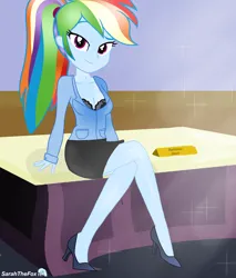 Size: 2550x3000 | Tagged: suggestive, artist:sarahthefox97, derpibooru import, rainbow dash, equestria girls, alternate hairstyle, beautiful, beautisexy, bedroom eyes, bra, breasts, business suit, businessmare, busty rainbow dash, cleavage, clothes, crossed legs, female, hair tie, hairstyle, high heels, image, imminent nudity, implied nudity, legs, looking at you, office, office lady, one eyebrow lowered, open clothes, png, ponytail, reasonably sized breasts, room, sexy, shoes, sitting, smiling, smiling at you, solo, solo female, staff, stupid sexy rainbow dash, undressed, woman