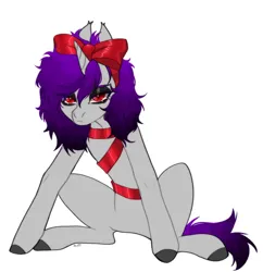 Size: 1964x2025 | Tagged: safe, artist:ruru_01, derpibooru import, oc, unofficial characters only, pony, undead, unicorn, vampire, vampony, bow, christmas, female, gift wrapped, grumpy, hair bow, holiday, image, looking at someone, looking at something, png, present, ribbon, simple background, sitting, solo, white background