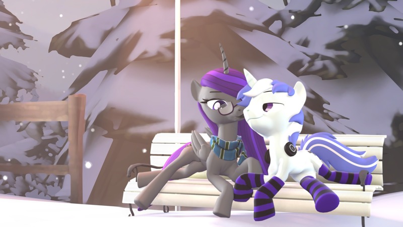 Size: 3840x2160 | Tagged: safe, artist:scratch_wub, derpibooru import, oc, oc:etheria galaxia, oc:scratch wub, unofficial characters only, alicorn, unicorn, 3d, bench, clothes, female, image, imminent kissing, male, outdoors, png, scarf, shipping, snow, snowfall, socks, stockings, thigh highs, winter