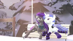 Size: 3840x2160 | Tagged: safe, artist:scratch_wub, derpibooru import, oc, oc:etheria galaxia, oc:scratch wub, unofficial characters only, alicorn, unicorn, 3d, bench, clothes, female, image, imminent kissing, male, outdoors, png, scarf, shipping, snow, snowfall, socks, stockings, thigh highs, winter