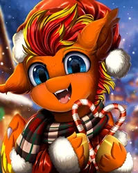 Size: 2550x3209 | Tagged: safe, artist:pridark, derpibooru import, oc, oc:fireheart(fire), bat pony, candy, candy cane, christmas, clothes, commission, cute, food, hat, hearths warming, holiday, image, latex, png, rubber, santa hat, scarf, solo, ych result