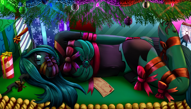 Size: 2153x1233 | Tagged: suggestive, artist:quakehoof, derpibooru import, queen chrysalis, anthro, unguligrade anthro, belly button, bondage, bound and gagged, bra, breast bondage, breasts, busty queen chrysalis, choker, christmas, christmas lights, christmas tree, clothes, dvd, gag, gloves, hands behind back, hearth's warming eve, holiday, image, implied discord, looking at you, magic suppression, muzzle gag, panties, png, present, ribbon, rug, socks, tied up, tree, underwear