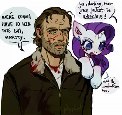 Size: 2048x1933 | Tagged: semi-grimdark, artist:p0nyplanet, derpibooru import, rarity, human, pony, unicorn, blood, clothes, crossover, dialogue, ear piercing, earring, female, g4, i think we're gonna have to kill this guy, image, imminent murder, implied cannibalism, jacket, jewelry, jpeg, mare, meme, piercing, priorities, rarity being rarity, rick grimes, simple background, the walking dead, white background