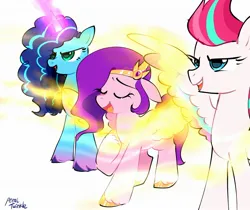 Size: 2048x1723 | Tagged: safe, artist:petaltwinkle, derpibooru import, pipp petals, zipp storm, pegasus, pony, unicorn, g5, my little pony: tell your tale, spoiler:g5, spoiler:my little pony: tell your tale, spoiler:tyts01e67, eyes closed, female, floppy ears, glow, glowing horn, hoof on chest, horn, image, jpeg, magic, mare, misty brightdawn, open mouth, open smile, scene interpretation, signature, simple background, smiling, teary eyes, the rise and fall, thumbnail reference, trio, white background