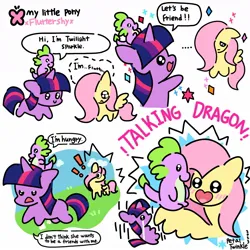 Size: 1200x1200 | Tagged: safe, artist:petaltwinkle, derpibooru import, fluttershy, spike, twilight sparkle, dragon, pegasus, pony, unicorn, friendship is magic, blush lines, blushing, comic, cute, dialogue, exclamation point, female, g4, image, jpeg, male, mare, open mouth, open smile, riding, scene interpretation, shyabetes, simple background, smiling, speech bubble, spike riding twilight, trio, unicorn twilight, white background