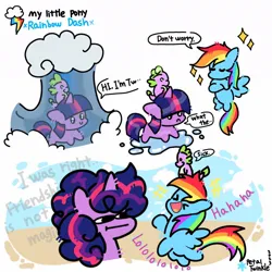 Size: 1200x1200 | Tagged: safe, artist:petaltwinkle, derpibooru import, rainbow dash, spike, twilight sparkle, pegasus, pony, unicorn, friendship is magic, :t, comic, dialogue, female, g4, image, jpeg, laughing, male, mare, riding, scene interpretation, simple background, sparkles, speech bubble, spike riding twilight, trio, unicorn twilight, wet, wet mane, white background, xd