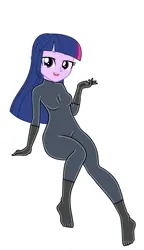 Size: 1553x2699 | Tagged: safe, artist:missmoonlightangel, derpibooru import, twilight sparkle, human, equestria girls, base used, bodysuit, catsuit, clothes, image, latex, latex suit, looking at you, png, simple background, sitting, solo, white background
