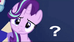 Size: 508x288 | Tagged: source needed, safe, derpibooru import, starlight glimmer, pony, unicorn, animated, confused, frown, g4, huh, image, looking at you, meme, music, ponified meme, question mark, reformed starlight, shitposting, solo, wat, webm, wrong aspect ratio