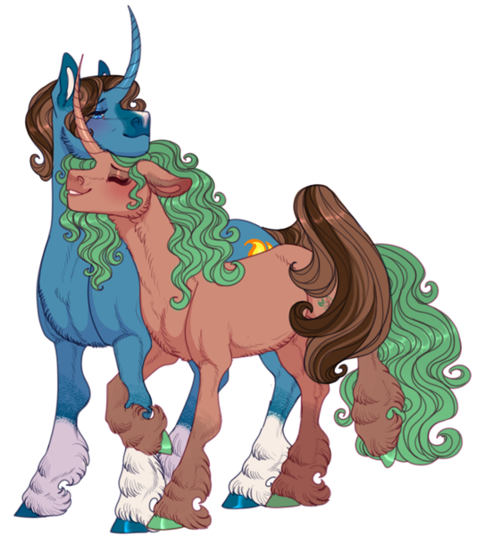 Size: 1086x1200 | Tagged: safe, artist:snowberry, derpibooru import, oc, oc:cool tempo, oc:sweet pea (snowberry), unofficial characters only, pony, unicorn, derpibooru community collaboration, 2024 community collab, blushing, coat markings, couple, curly hair, curved horn, cute, cutie mark, duo, eyes closed, female, floppy ears, fluffy, height difference, hoof hold, horn, hug, image, male, mare, nuzzling, png, ponysona, raised hoof, realistic horse legs, simple background, smiling, socks (coat marking), stallion, tail, tail hug, teeth, transparent background, two toned mane, unshorn fetlocks