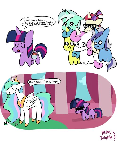 Size: 1212x1440 | Tagged: safe, artist:petaltwinkle, derpibooru import, lemon hearts, lyra heartstrings, minuette, moondancer, princess celestia, twilight sparkle, twinkleshine, alicorn, pony, unicorn, bag, canterlot six, eating, eyes closed, female, frown, grass, horses doing horse things, image, jpeg, make some friends, mare, sad, saddle bag, signature, simple background, unicorn twilight, white background