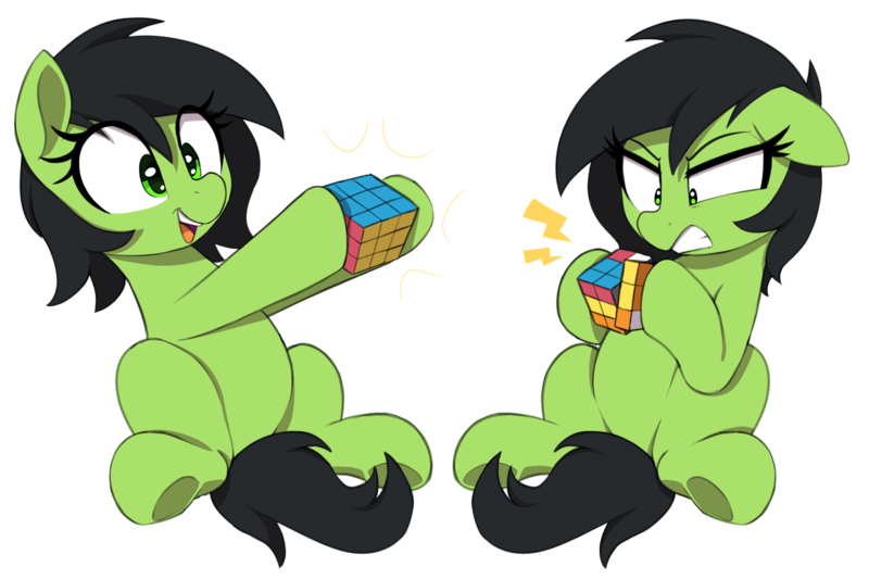 Size: 1500x1000 | Tagged: safe, artist:thebatfang, ponerpics import, oc, oc:anonfilly, earth pony, pony, before and after, female, filly, frustrated, gritted teeth, image, png, rubik's cube, simple background, smiling, transparent background