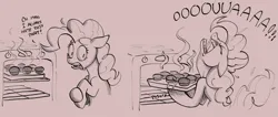 Size: 2397x1016 | Tagged: safe, artist:pinfeather, derpibooru import, pinkie pie, earth pony, pony, baking, burning, cupcake, derpibooru exclusive, food, g4, image, mini comic, oven, pizza tower, png, screaming, simple background, sketch, solo
