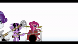 Size: 600x338 | Tagged: safe, artist:sp3ctrum-ii, derpibooru import, pinkie pie, rarity, twilight sparkle, alicorn, earth pony, pony, unicorn, animated, bass guitar, drums, female, gif, guitar, image, mare, musical instrument, simple background, white background