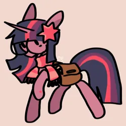 Size: 1500x1500 | Tagged: safe, artist:cutiesparke, derpibooru import, twilight sparkle, pony, unicorn, alternate hairstyle, bag, clothes, female, floppy ears, glasses, hair accessory, hoof heart, image, png, raised hoof, round glasses, saddle bag, scarf, simple background, solo, underhoof, unicorn twilight