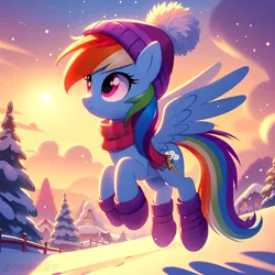 Size: 2048x2048 | Tagged: safe, ai content, derpibooru import, machine learning generated, rainbow dash, pegasus, pony, building, clothes, cloud, cute, dashabetes, female, fence, g4, generator:dall-e 3, hat, hoof boots, image, lightly watermarked, mare, png, prompter:ponaiart, scarf, sky, smiling, snow, solo, spread wings, tree, watermark, wings, winter, winter hat, winter outfit