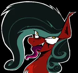 Size: 1822x1710 | Tagged: safe, artist:djsleepyhooves, derpibooru import, oc, demon, demon pony, original species, pony, black background, colored, curly mane, devil man, green hair, image, long tongue, open mouth, outline, png, red coat, sharp teeth, simple background, solo, teeth, tongue out, vulgar description, white outline, yellow eyes